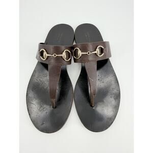 Gucci Horsebit Dark Brown Leather T Strap Thong Flat Sandals 38.5 EU 8.5 Italy